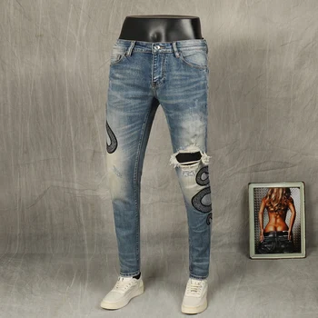 Streetwear Vyrų Džinsai Mados Aukštos Kokybės Elastinga Slim Fit Siuvinėjimo Dizaineris Kankina Džinsinio Punk Kelnės Hip-Hop Pieštuku Kelnės