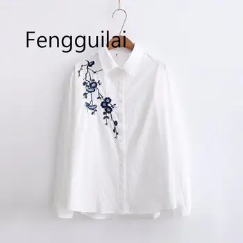 Rudens Gėlių Siuvinėjimas, Balta ilgomis Rankovėmis Moterims Palaidinės, Mėlyna Dryžuotas Marškinėliai Medvilnės Atsitiktinis Moterų Viršūnių blusas mujer de moda 2019