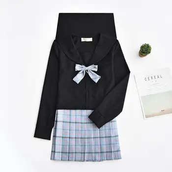 2019 Tamsiai Demonas Naujas Britų JK Rinkiniai Sailor Kostiumą, Japonų, korėjiečių Mergaitės mokyklines Uniformas Rinkiniai ilgomis Rankovėmis Kostiumas Mokyklos Mergina Juoda