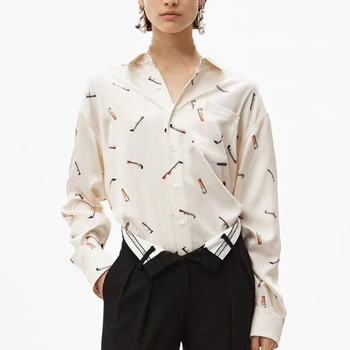Prašmatnus marškinėliai moterims 2020 naujovė stilingas cigarečių nuorūkos spausdinti ilgomis rankovėmis prarasti atsitiktinis marškiniai, palaidinės pavasario šilko viršų