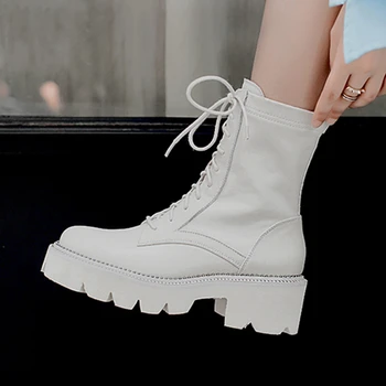 GIGIFOX natūralios Odos Naujos Prekės Dizaino batų raišteliai Stambusis Kulniukai Karvės Odos Platformos Batai Moterų Avalynė Moterims
