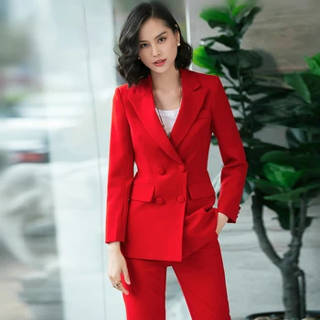 2019 oficialų elegantiški moteriški sportiniai kelnių Kostiumai ponios office lady ziajać kostiumas kelnės ir švarkas Švarkas nustatyti raudona