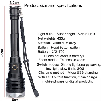 50W 16-core LED Žibintuvėlis Super Ryškus Žibintuvėlis, USB Įkrovimo Teleskopinis Zoom Žibintuvėlis Žibintas Įkraunamas Battey