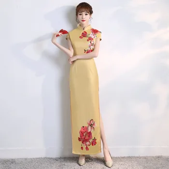 Moterų Saldus Gėlių Appliques Apdaila Elegantiškas Qipao Geltona Išskirtinį Naujovė Cheongsam Kinijos Temperamentas Ilga Suknelė XS-5XL