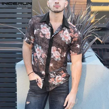 INCERUN Mados Vyrų Havajų Marškinėliai Spausdinami Atvartas Trumpas Rankovės Matyti Per Seksualus Atsitiktinis Viršūnes Streetwear Šalies Marškinėliai Mygtuką Camisa