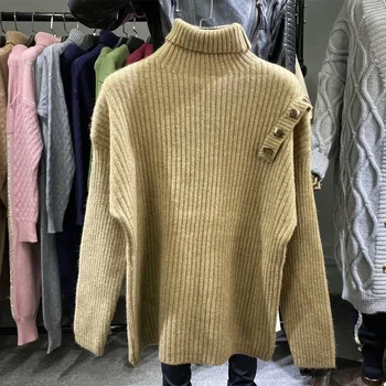 Naujas 2021 pavasario Mados megztiniai ilgomis rankovėmis ponios mygtukus AUKŠTYN stilingas džemperis, Plius dydis A46