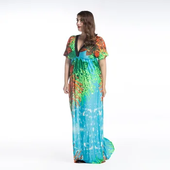 2017 Moteriški Vasaros Paplūdimio Drabužius Bohemijos Green Blue Print V Kaklo Maxi Ilgas Šalis Suknelė Plius Dydis 5XL 6XL Vestidos