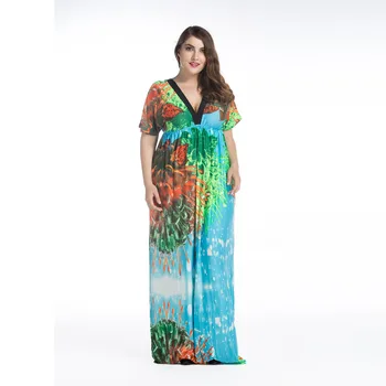 2017 Moteriški Vasaros Paplūdimio Drabužius Bohemijos Green Blue Print V Kaklo Maxi Ilgas Šalis Suknelė Plius Dydis 5XL 6XL Vestidos