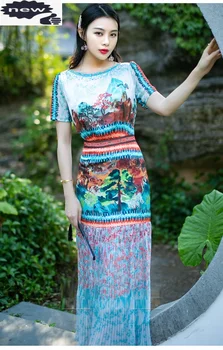 Prekės Aukščiausios Kokybės Kinijos Suknelė 2021 M. Vasarą Moterys Derliaus Tapyba Spausdinti Trumpas Rankovės Kulkšnies Ilgio Plisuotos Suknelė Prabangos Ponios,