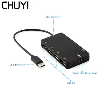CHUYI 4 in 1 USB Tipo C HUB-4 Ports USB 2.0 Hub Splitter Adapteris + OTG Micro USB Įkrovimo lizdas Skirtas Sąsiuvinis Tabletę, Smartfon