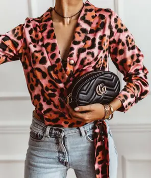 Mados Moteriški Viršūnes ir Palaidinės, Elegantiškas ilgomis Rankovėmis Leopard OLIS Ponios Marškinėliai V Kaklu Chemise Moterų Office Lady Šalies Streetwear