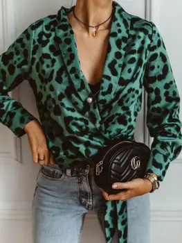 Mados Moteriški Viršūnes ir Palaidinės, Elegantiškas ilgomis Rankovėmis Leopard OLIS Ponios Marškinėliai V Kaklu Chemise Moterų Office Lady Šalies Streetwear