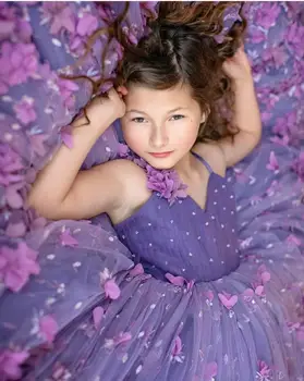 Mielas Lanvender Gėlių mergaičių Suknelės Spageti Nėrinių 3D Gėlių Appliqued Merginos Inscenizacija Suknelė Užsakymą Merginos Gimtadienio Chalatai
