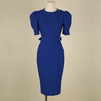 Aukštos Juosmens Pieštuku Suknelė 2021 M. Pavasarį Mėlyna Office Lady Suknelė, Mados Paprastos Sluoksniuotos Rankovėmis Temperamentas Elegantiškas Šalis Suknelė Moterims