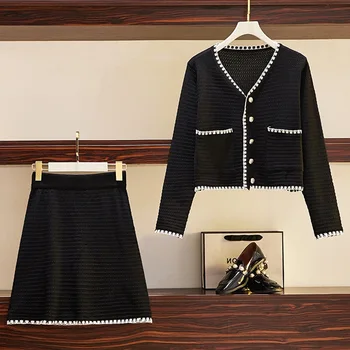 2020 M. Rudenį Dviejų Dalių Komplektas Slim Moterų Drabužiai Atsitiktinis Dviejų Dalių Long Sleeve Black Megzti Paltai Pridėti Derliaus Moterys Juoda Mini Sijonai