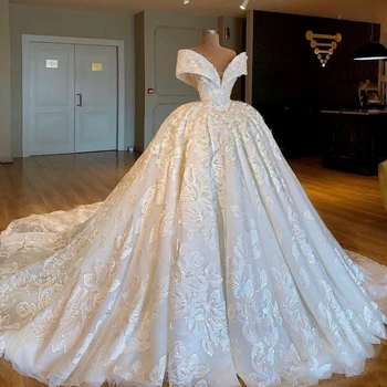 Kamuolys Suknelė Vestuvių Suknelės 2020 Kuklus Plius Dydis Off Peties Nėrinių Aplikacijos Gėlės Dubajus Arabų Nuotakos Bažnyčios Sode Yra Chalatai