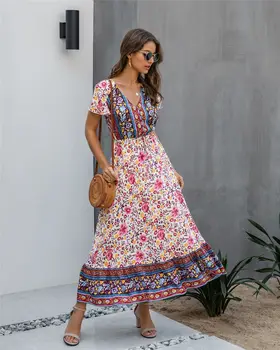Summer Maxi Dress Moterų Derliaus Gėlių Spausdinti V-Kaklo Trumpomis Rankovėmis Pynimas Boho Suknelė 