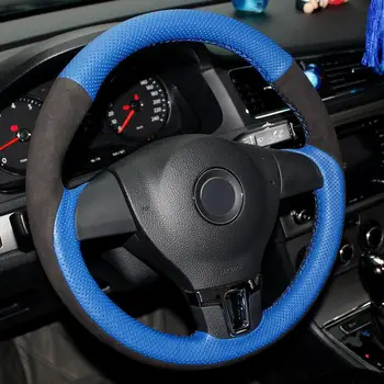 Mėlynos spalvos Natūrali Oda Juoda Suede Automobilio Vairo Dangtelis Volkswagen Tiguan Lavida