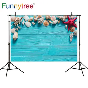 Funnytree fotografijos fone žvaigždė beach paplūdimys mėlyna medinės lentos, sienos apdaila caral seashell foną tapetai