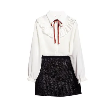 2019 m. pavasarį naujas nėrinių bowknot ilgomis rankovėmis balti marškiniai & black Sijonai dviejų dalių moterų drabužių nustatyti vestido mergina apranga S-XL dydis