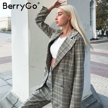 BerryGo Office ponios pledas švarkas nustato Dviejų dalių dvigubo breasted moterų švarkas kelnės, kostiumai Atsitiktinis streetwear ponios kelnės rinkinys