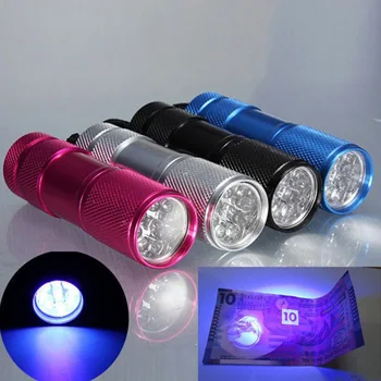 UV ultravioletiniai 9 LED Žibintuvėlis Lempos Žibintuvėlis Šviesos Lempos Mini Aliuminio, Juodos Šviesos 3 AAA Varomas Atsitiktinių Spalvų JQ