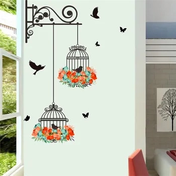 Gėlių birdcage siena lipdukas lipdukai skrendančių paukščių augalų =kambarį tapetai miegamajame, vaikų darželio langų dekoro