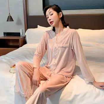 Korėjos Stilius Paprastas, Pižamos Moterų ilgomis rankovėmis Pižama Nustatyti Storo Aksomo Kietas Sleepwear Žiemą, Rudenį Homewear Nėrinių Loungewear