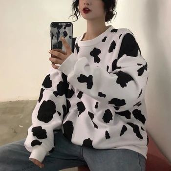 Kawaii Japonijos Rudenį Moterų Prarasti Ilgomis Rankovėmis Hoodies Palaidinės Karvės Pieno Spausdinti Hoodie Moterų Mados Atsitiktinis Marškinėlius