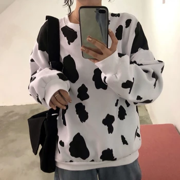 Kawaii Japonijos Rudenį Moterų Prarasti Ilgomis Rankovėmis Hoodies Palaidinės Karvės Pieno Spausdinti Hoodie Moterų Mados Atsitiktinis Marškinėlius