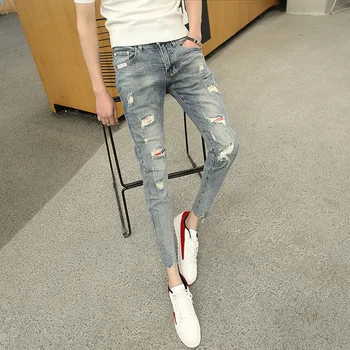 Didmeninė 2020 vyriški džinsai vasaros kulkšnies ilgio kelnės skylių slim-montavimo stora montavimo kelnės socialinės vaikinas gatvėje pieštuku kelnės