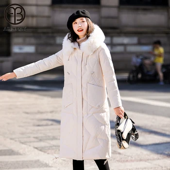 Asesmay Prekės ženklo Drabužių X-Ilgas žiemos paltai moterims žemyn striukė 90% ančių pūkai tirštėti viršutiniai drabužiai Parko kailiniai su gobtuvu neperšlampamas striukės