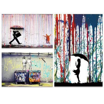 Banksy Žinomas Grafiti Nuotrauką Plakatas Sienos Dekoruotos Drobės, Paveikslai Specialiosios Kūrybos Meno Kūrinius, Lietaus Mergina Skėtis Gatvės Namų Dekoro