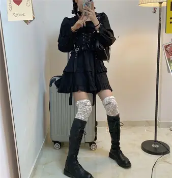 Viktorijos Renesanso Black, Gothic Lolita Dress Mergina Iš Japonijos Derliaus Punk Stiliaus Sluoksniuotos Rankovėmis Tvarstis Mini Suknelė Moterims Suknelės
