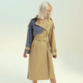 Moterų Rudenį Tranšėjos Paltai Plonas Juosmens su Diržo Džinsinio audinio Lopo Dizaino Moterų Ilgos Tranšėjos Femme Casaco Abrigo Streetwear