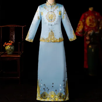 Mėlyna Jaunikis Derliaus Prarasti Cheongsam Tradicinės Kinų Vestuvių Suknelė Satino Qipao Siuvinėjimo Drakono Kostiumas Vestido Rytų Mens