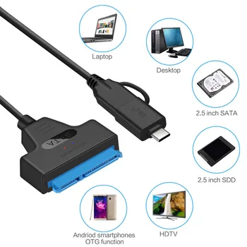 20cm/50cm USB 3.0 USB C SATA 2 in 1 Standžiųjų Diskų Keitiklio Kabelį Paramos 2,5 colio SATA SSD Kietojo Disko Adapteris