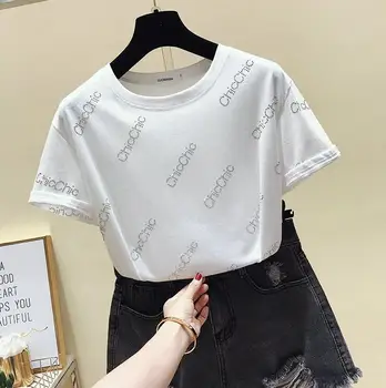 Korėjos Balti marškinėliai Moterims Drabužių Medvilnės Mados Moterų Marškinėliai Vasaros Viršūnės Juodos spalvos Marškinėliai trumpomis Rankovėmis Nauja