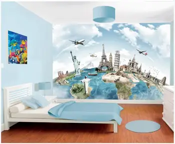 Custom foto tapetai, sienų ir 3 d freskomis Pasaulio architektūros kelionės animacinių filmų freskos fone sienos fone tapyba