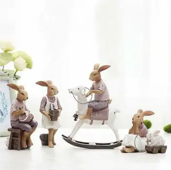 Kūrybos dervos mielas triušiai šeimos figūrėlės derliaus statula namų dekoro amatų kambarį apdailos objektus dervos gyvūnų figūrėlės