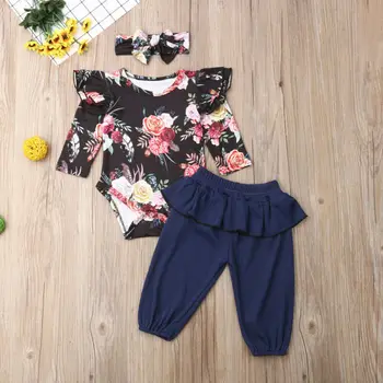 Cute baby girl drabužiai tiktų mados gėlių spausdinti jumpsuit viršuje + susiėmę kelnės 3Pcs vaikų drabužiai