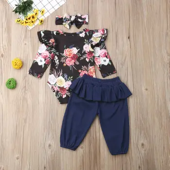 Cute baby girl drabužiai tiktų mados gėlių spausdinti jumpsuit viršuje + susiėmę kelnės 3Pcs vaikų drabužiai