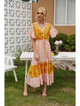 Naujas naujas atsitiktinis Moterų suknelės, drabužiai gali Vasaros Suknelė Moterų spausdinti gėlių Atsitiktinis moterų V-kaklo big swing suknelė