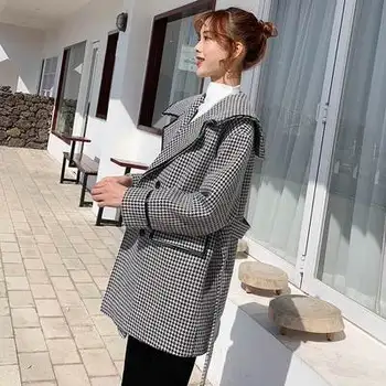 Korėjos Houndstooth Vilnos Ilgas, Liemenės, Paltai Moterims 2020 M. Rudens Žiemos Ilgos Rankovės dvieiliai Juostinės Elegantiškas Ponios Paltai