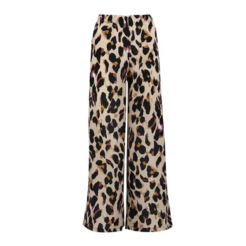 Karšto pardavimo moterų palazzo leopard print Mados ilgas kelnes Kelnės Elastinga Aukštos juosmens Baggy Kelnės Atsitiktinis Drabužių Streetwear