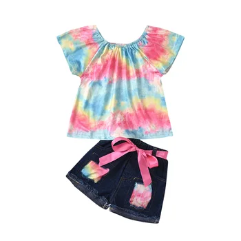 Baby Girl Drabužiai Nustatyti Vasaros Vaikų Drabužių Mados Mergaitėms trumpomis Rankovėmis T-shirt Džinsinio Šortai Rinkiniai Tracksuit Kūdikių Drabužių Komplektus