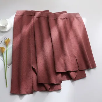 Vidutinio ilgio megztas sijonas moterims rudens ir žiemos aukšto juosmens vienas žingsnis sijonas maišelį klubo sijonas ilgas sijonas storio ritininės vilnos sijonas
