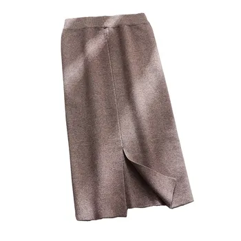 Vidutinio ilgio megztas sijonas moterims rudens ir žiemos aukšto juosmens vienas žingsnis sijonas maišelį klubo sijonas ilgas sijonas storio ritininės vilnos sijonas