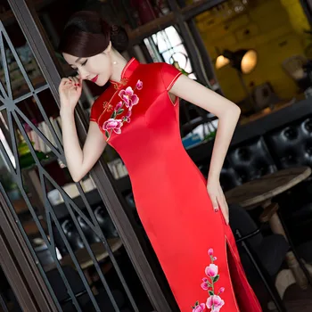 S-4XL Raudona Ponios Viskozė Cheongsam Pavasario Kinų stiliaus Mandarinų Apykaklės Ilga Suknelė Moterų Qipao Slim Šalis Suknelės Vestido