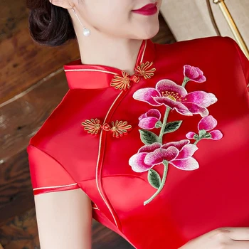 S-4XL Raudona Ponios Viskozė Cheongsam Pavasario Kinų stiliaus Mandarinų Apykaklės Ilga Suknelė Moterų Qipao Slim Šalis Suknelės Vestido